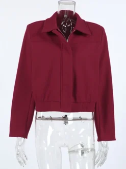 Veste courte bordeaux pour femme - Col rabattu chic fermeture éclair ourlet élastique - Collection streetwear décontractée printemps 2026
