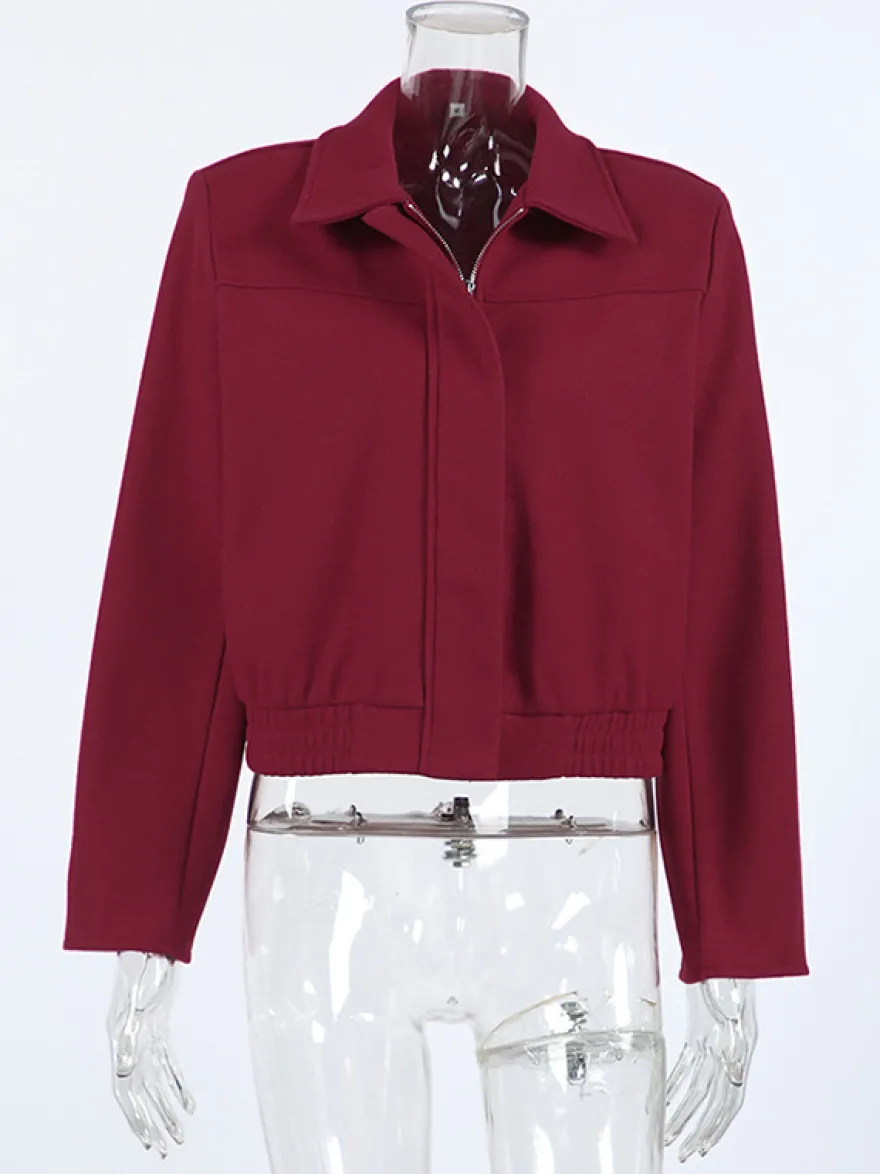 Veste courte bordeaux pour femme - Col rabattu chic fermeture éclair ourlet élastique - Collection streetwear décontractée printemps 2026