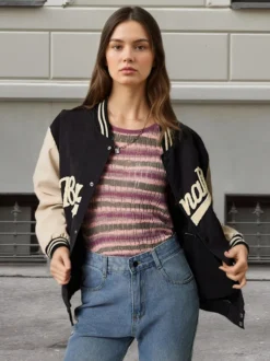 Veste de baseball à imprimé lettres et blocs de couleur col rayé coupe ample style universitaire vêtements streetwear pour femmes