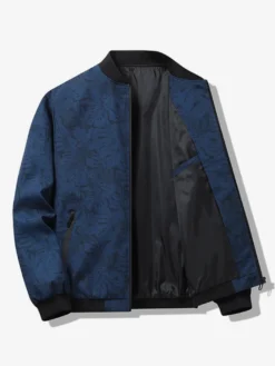 Veste de baseball pour homme col imprimé feuille d'érable manches longues poignets élastiques poches latérales zippées veste légère