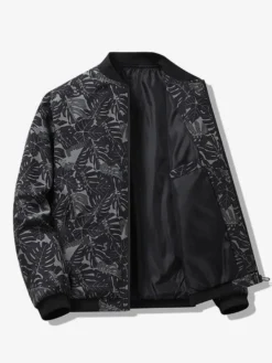 Veste de baseball pour homme col imprimé feuille d'érable manches longues poignets élastiques poches latérales zippées veste légère
