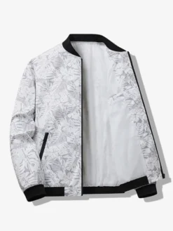 Veste de baseball pour homme col imprimé feuille d'érable manches longues poignets élastiques poches latérales zippées veste légère