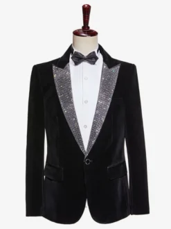 Veste de costume de scène en velours noir brillant pour homme
