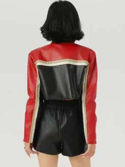 Veste de motard courte color block col montant fermeture éclair sur le devant rayures contrastées manteau en similicuir