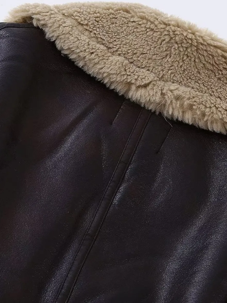 Veste de motard courte doublée en fausse fourrure marron col large et duveteux poignets zippés