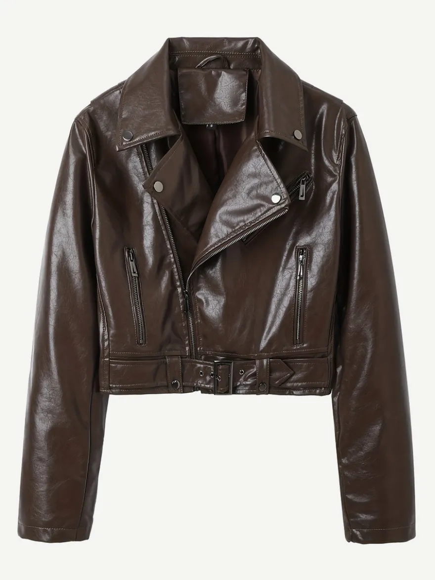 Veste de motard courte en cuir marron fermeture éclair à revers et ceinture coupe ajustée.