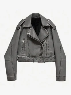 Veste de motard courte vintage grise délavée à coutures contrastées pour femme coupe oversize en similicuir.