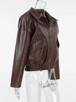 Veste de motarde femme en similicuir - Manteau moto rétro oversize à col à revers - Fermeture éclair vintage - Collection printemps 2026
