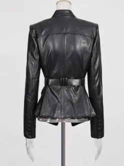 Veste de moto blazer en similicuir à col en V ceinture à la taille coupe ajustée et poches à rabat