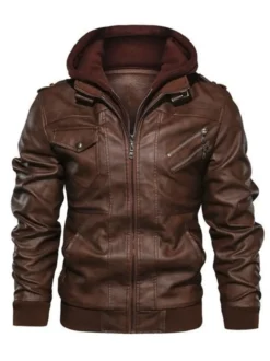 Veste de moto en cuir pour homme Veste en cuir à capuche zippée