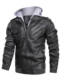 Veste de moto en cuir pour homme Veste en cuir à capuche zippée