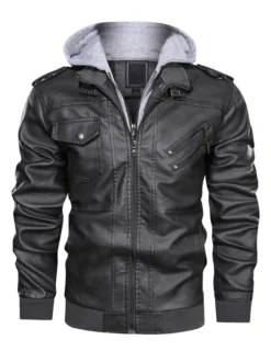 Veste de moto en cuir pour homme Veste en cuir à capuche zippée