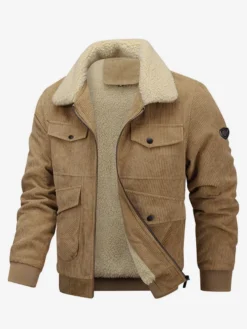 Veste d'hiver en velours côtelé grande taille pour homme doublure polaire avec quatre poches à rabat sur le devant