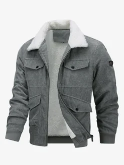 Veste d'hiver en velours côtelé grande taille pour homme doublure polaire avec quatre poches à rabat sur le devant