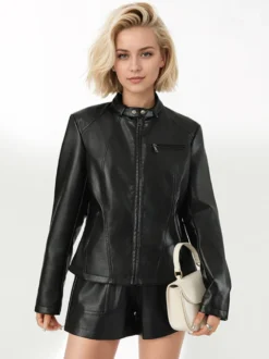 Veste en cuir à col montant et fermeture éclair coupe ajustée poche latérale zippée extérieur noir uni