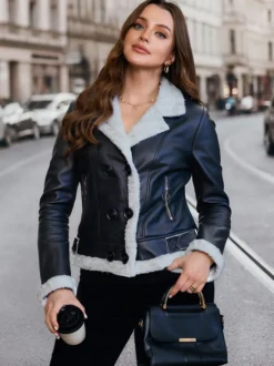 Veste en cuir doublée en fausse fourrure pour femme col à revers style motard chaude pour l'hiver