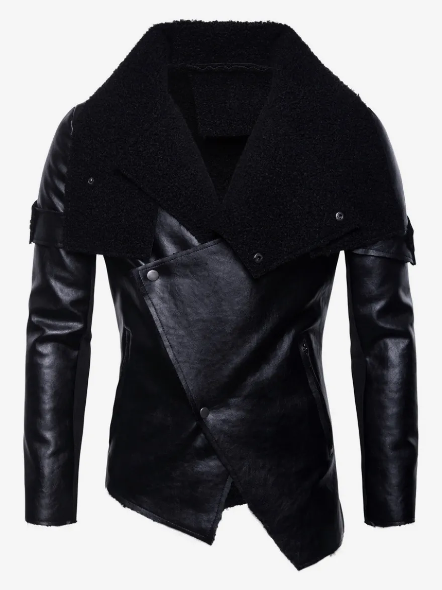 Veste en cuir pour homme avec col en fausse fourrure irrégulière Veste de moto en cuir PU