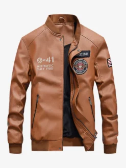 Veste en cuir pour homme veste de moto à col montant avec fermeture éclair et doublure