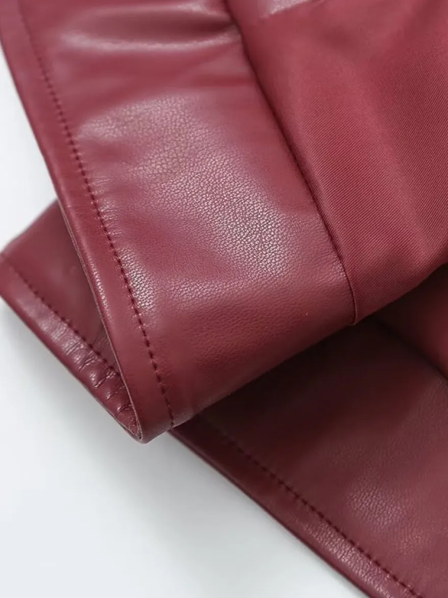 Veste en cuir PU à col rabattu et manches longues avec fermeture éclair pour femme
