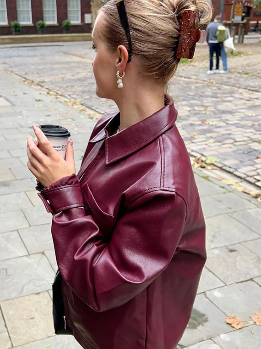 Veste en cuir PU à col rabattu et manches longues avec fermeture éclair pour femme