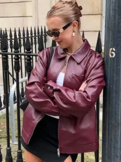 Veste en cuir PU à col rabattu et manches longues avec fermeture éclair pour femme