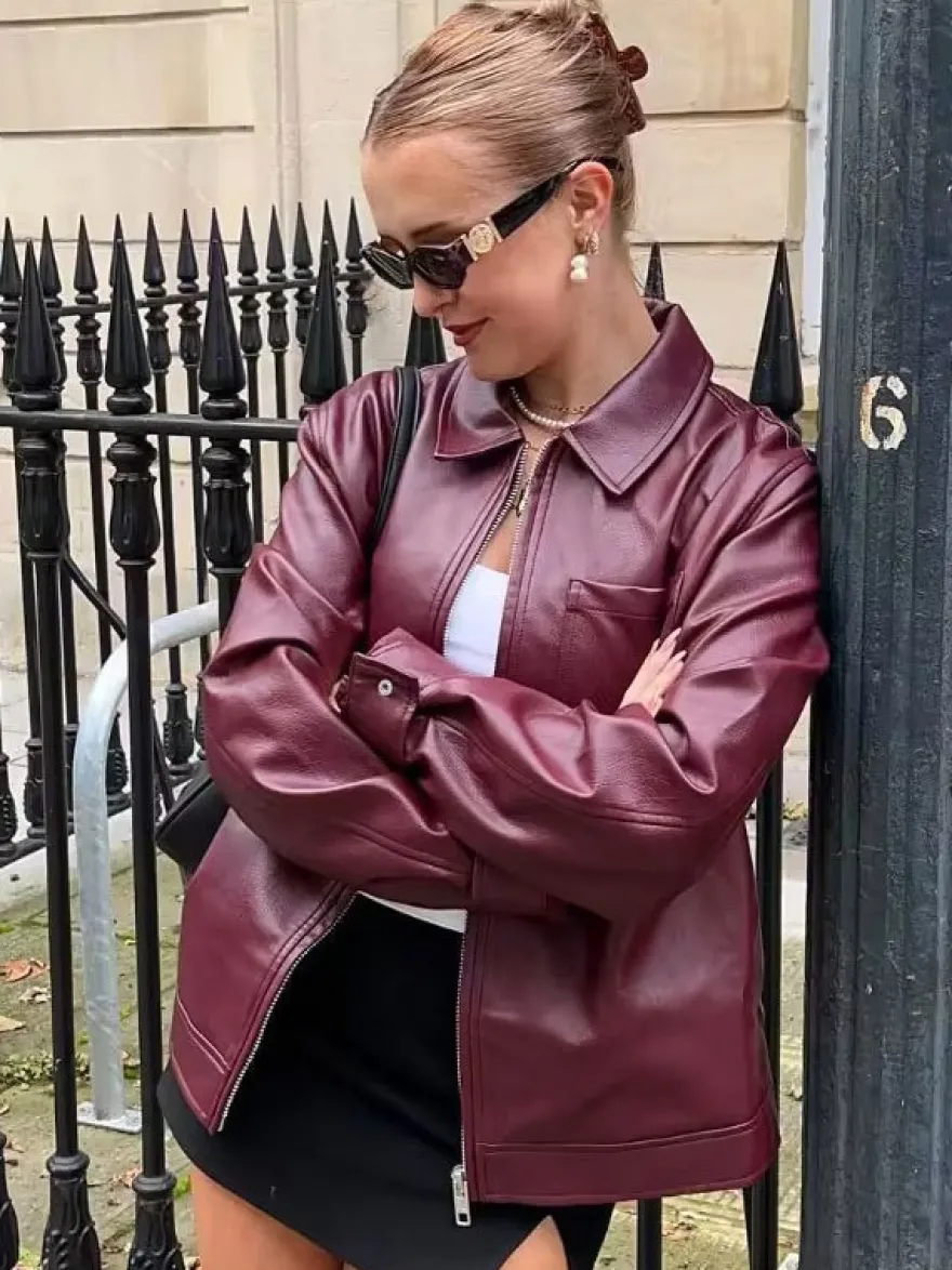 Veste en cuir PU à col rabattu et manches longues avec fermeture éclair pour femme