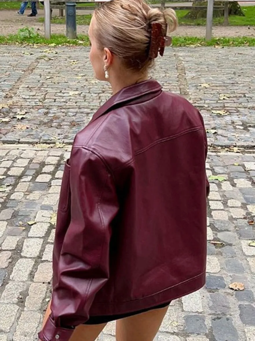 Veste en cuir PU à col rabattu et manches longues avec fermeture éclair pour femme