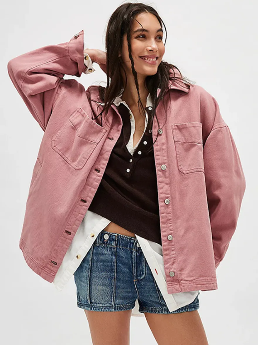 Veste en jean oversize pour femme - Délavage moyen coupe boyfriend fentes latérales - Style trucker - Collection printemps 2026