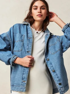 Veste en jean oversize pour femme - Délavage moyen coupe boyfriend fentes latérales - Style trucker - Collection printemps 2026