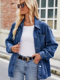 Veste en jean oversize vintage pour femme - Coupe ample revers et boutons - Style trucker - Collection printemps-été 2026