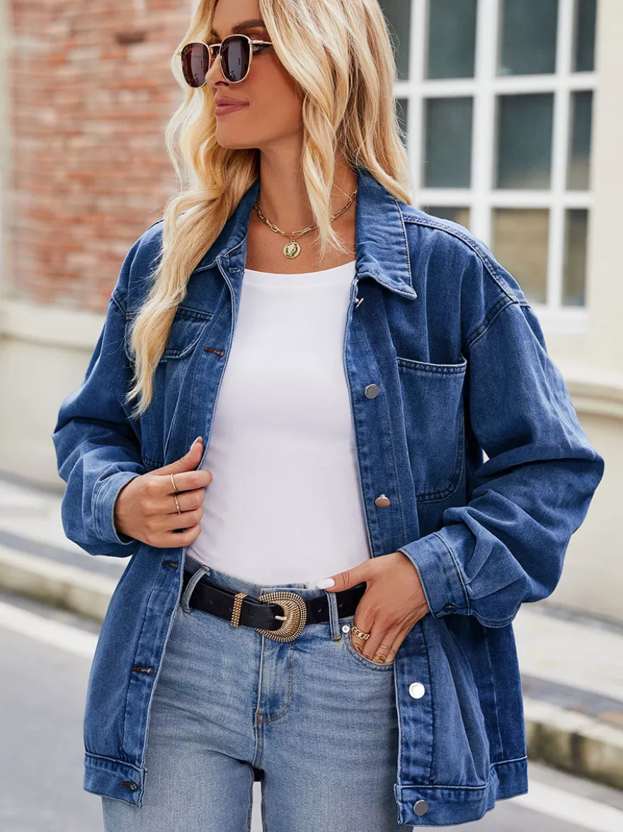 Veste en jean oversize vintage pour femme - Coupe ample revers et boutons - Style trucker - Collection printemps-été 2026