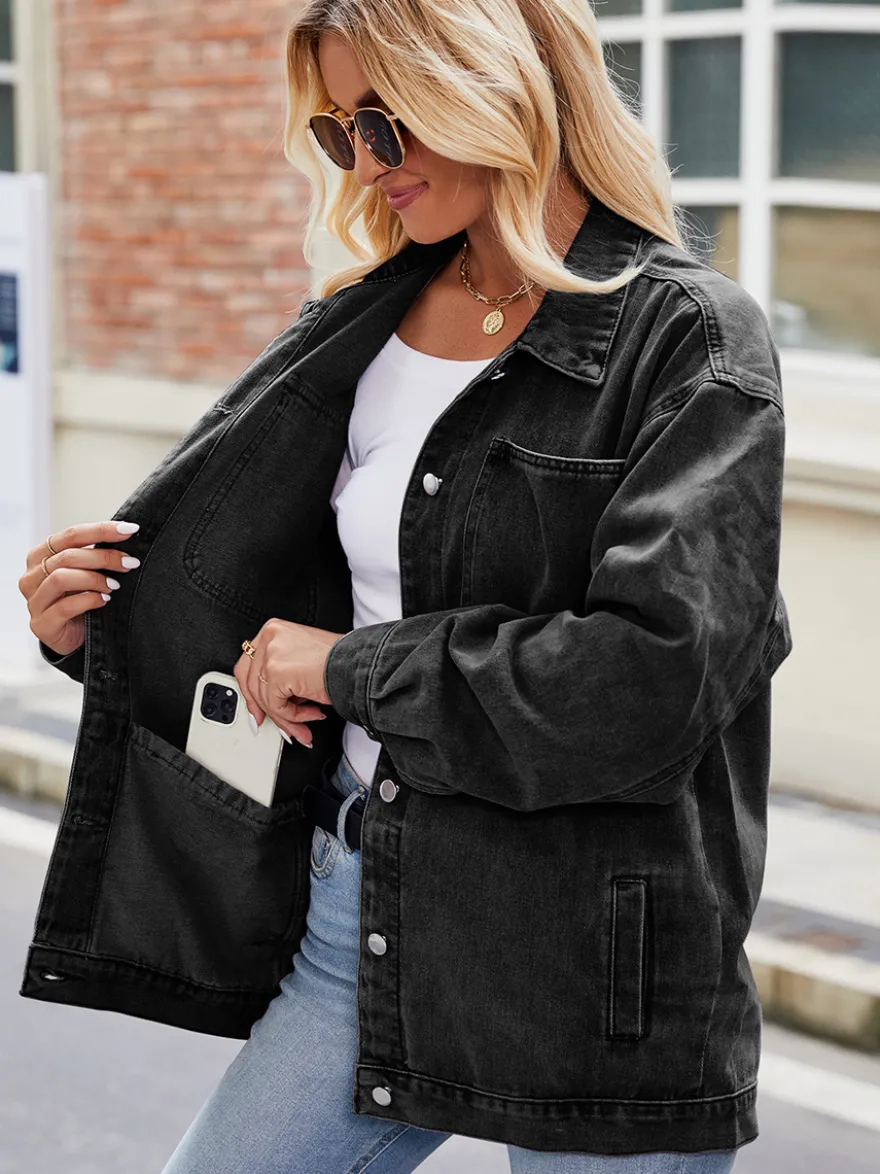 Veste en jean oversize vintage pour femme - Coupe ample revers et boutons - Style trucker - Collection printemps-été 2026