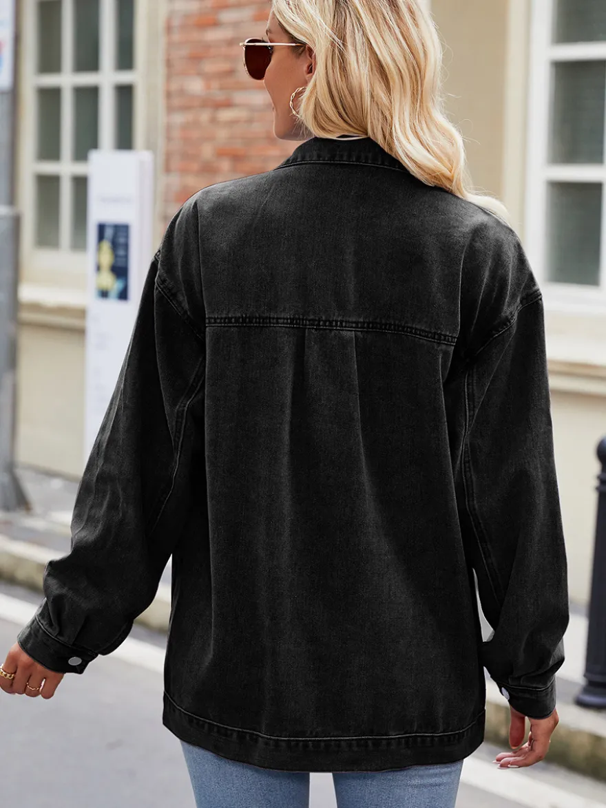 Veste en jean oversize vintage pour femme - Coupe ample revers et boutons - Style trucker - Collection printemps-été 2026