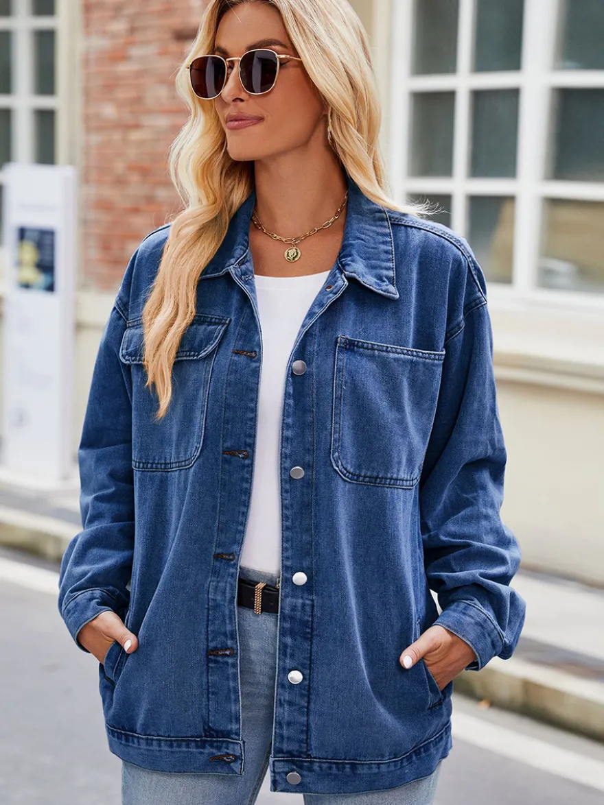Veste en jean oversize vintage pour femme - Coupe ample revers et boutons - Style trucker - Collection printemps-été 2026
