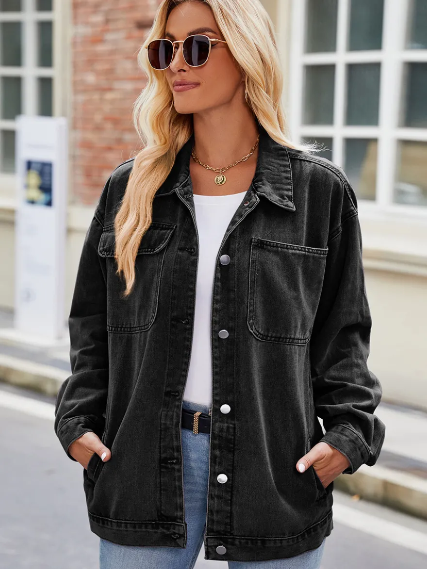Veste en jean oversize vintage pour femme - Coupe ample revers et boutons - Style trucker - Collection printemps-été 2026