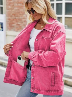 Veste en jean oversize vintage pour femme - Coupe ample revers et boutons - Style trucker - Collection printemps-été 2026