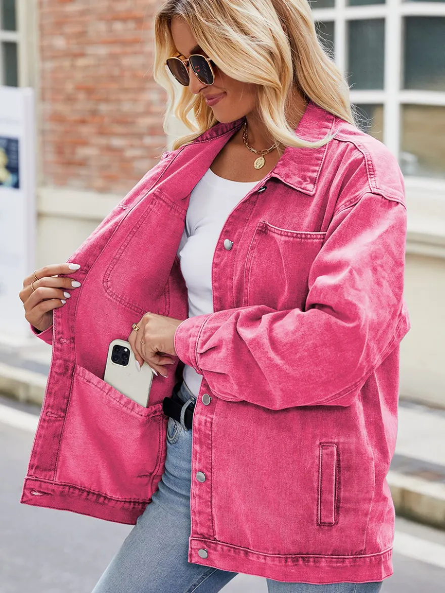 Veste en jean oversize vintage pour femme - Coupe ample revers et boutons - Style trucker - Collection printemps-été 2026