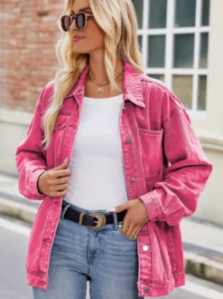 Veste en jean oversize vintage pour femme - Coupe ample revers et boutons - Style trucker - Collection printemps-été 2026