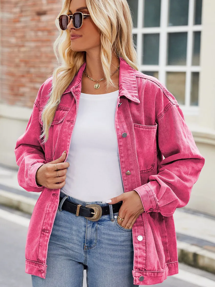 Veste en jean oversize vintage pour femme - Coupe ample revers et boutons - Style trucker - Collection printemps-été 2026