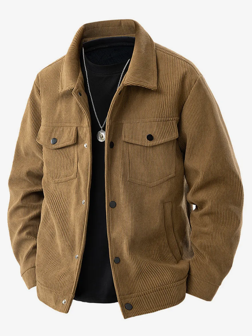 7. Veste en velours côtelé pour homme manches longues poches poitrine à rabat et poches latérales coupe-vent et durable style rétro