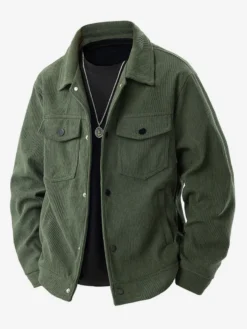 7. Veste en velours côtelé pour homme manches longues poches poitrine à rabat et poches latérales coupe-vent et durable style rétro