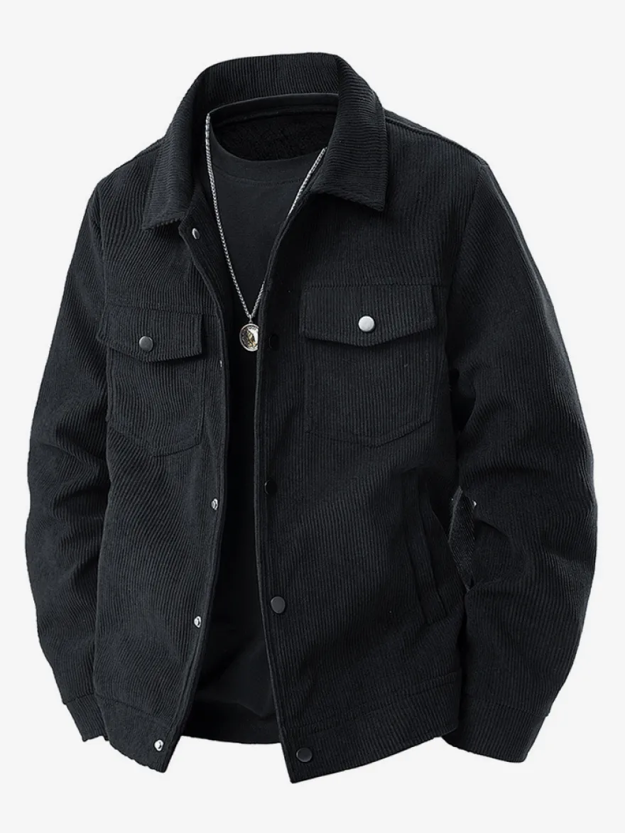 7. Veste en velours côtelé pour homme manches longues poches poitrine à rabat et poches latérales coupe-vent et durable style rétro