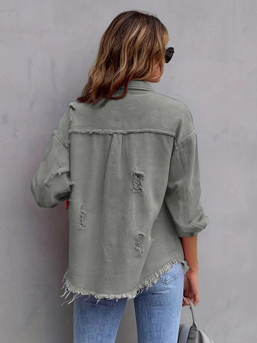 Veste femme à col rabattu en coton manches longues coupe oversize