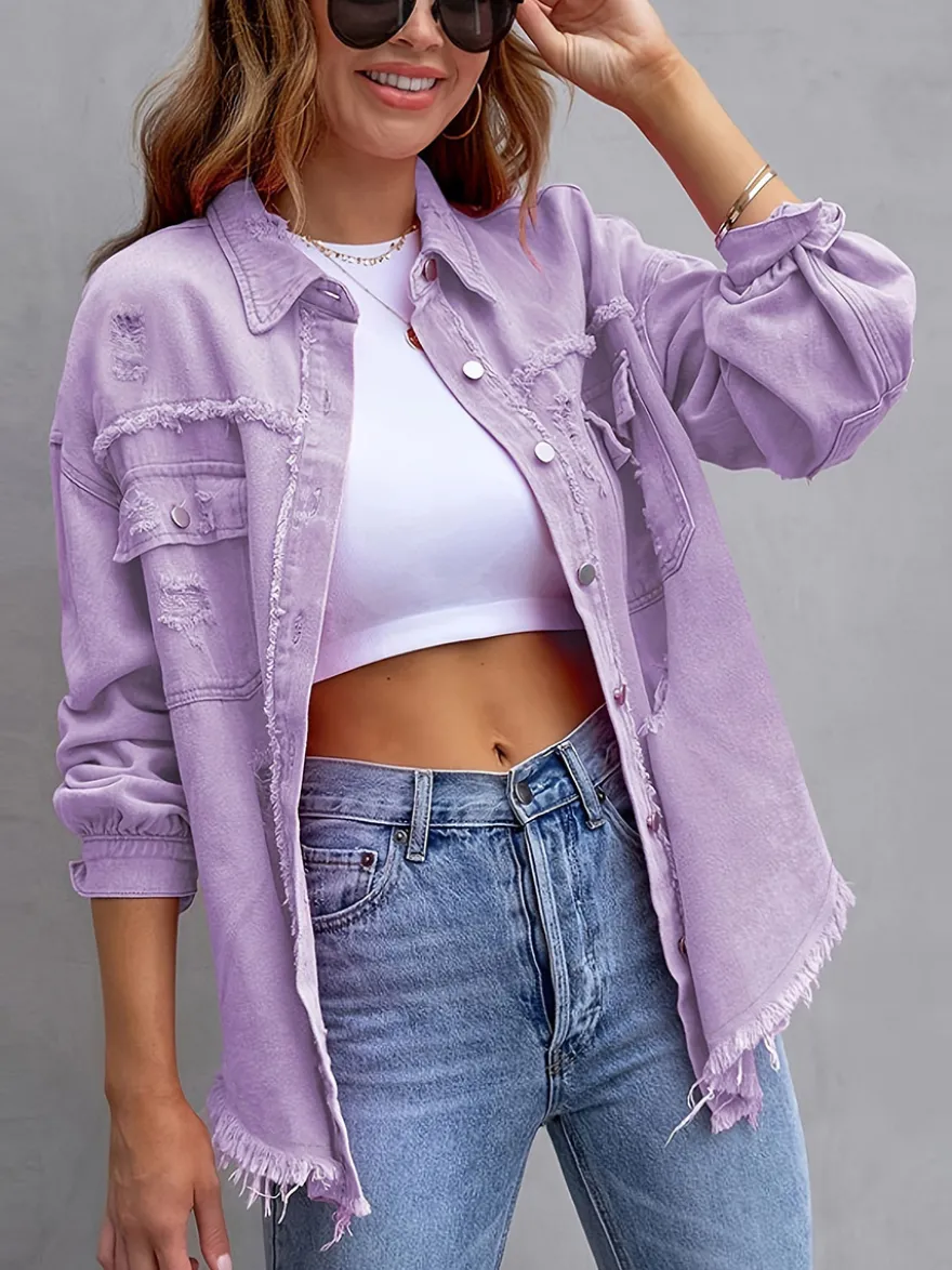 Veste femme à col rabattu en coton manches longues coupe oversize