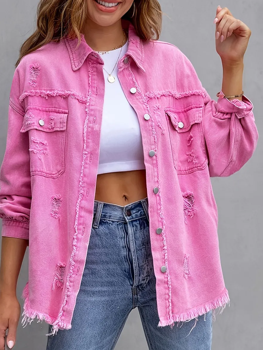 Veste femme à col rabattu en coton manches longues coupe oversize