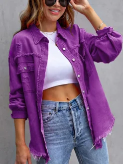 Veste femme à col rabattu en coton manches longues coupe oversize