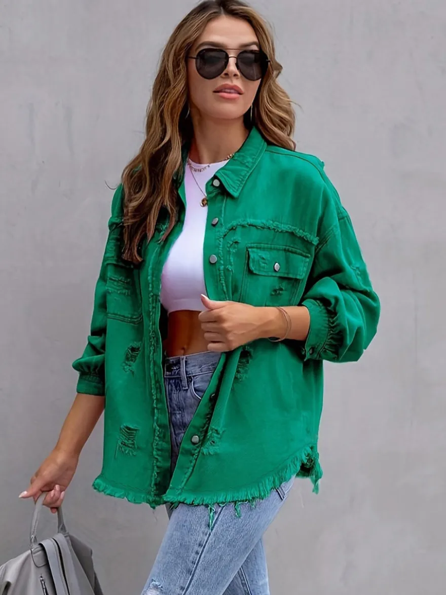Veste femme à col rabattu en coton manches longues coupe oversize