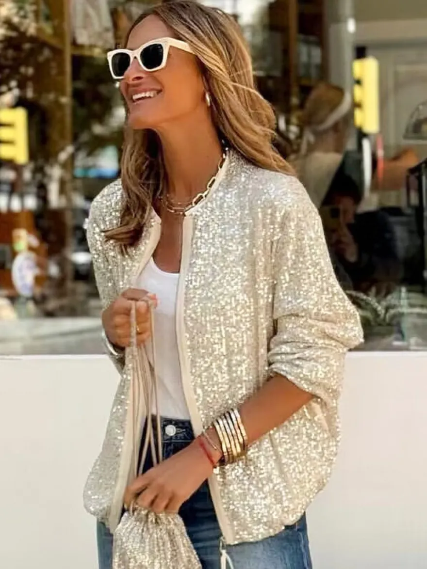 Veste Femme Col Rond Fermeture Éclair Paillettes Polyester