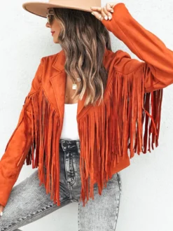 Veste Femme Courte à Col Revers avec Franges avec Manches Longues Unicolore
