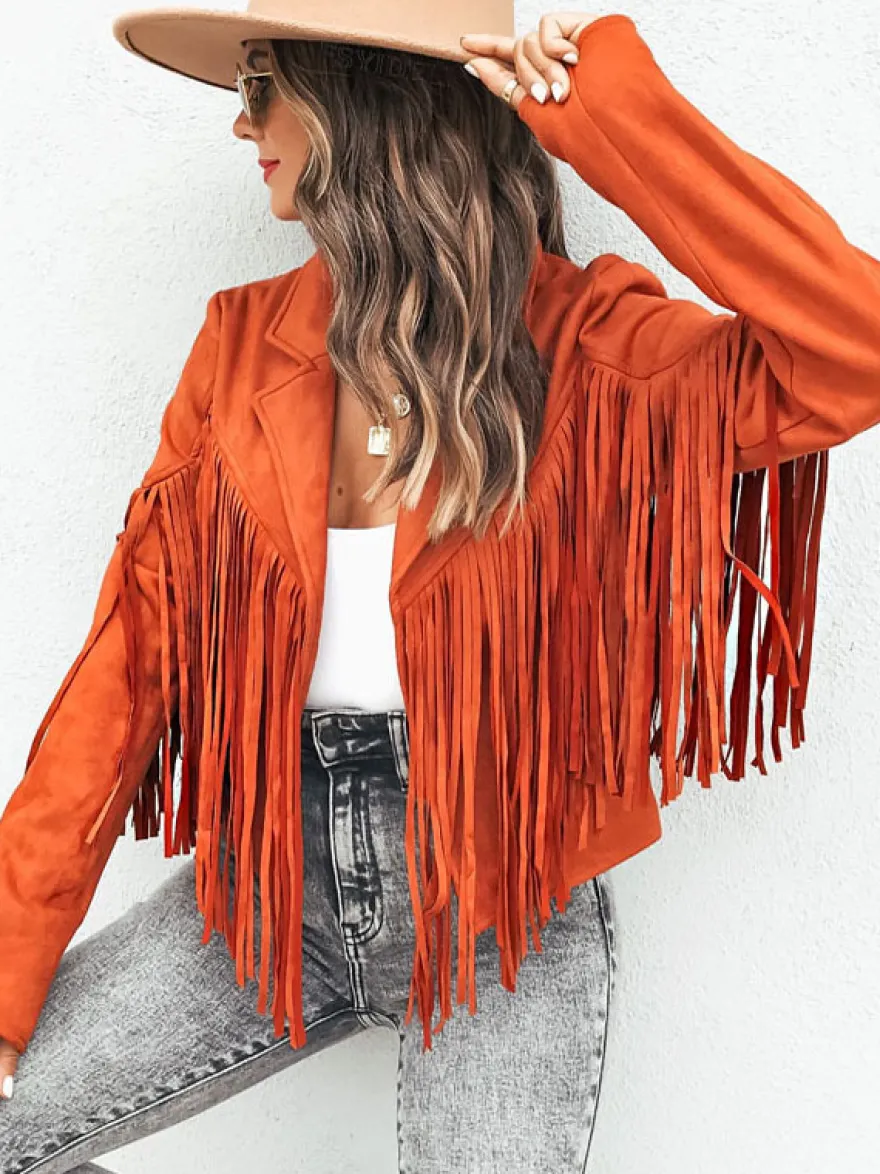 Veste Femme Courte à Col Revers avec Franges avec Manches Longues Unicolore